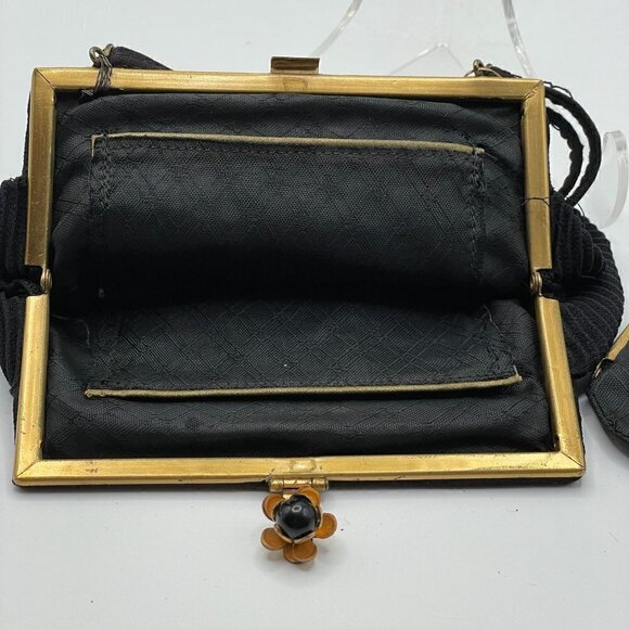 Vintage Pleated Satin Flower Clasp Handled Framed Evening Bag with Coin Purse - Picture 7 of 10